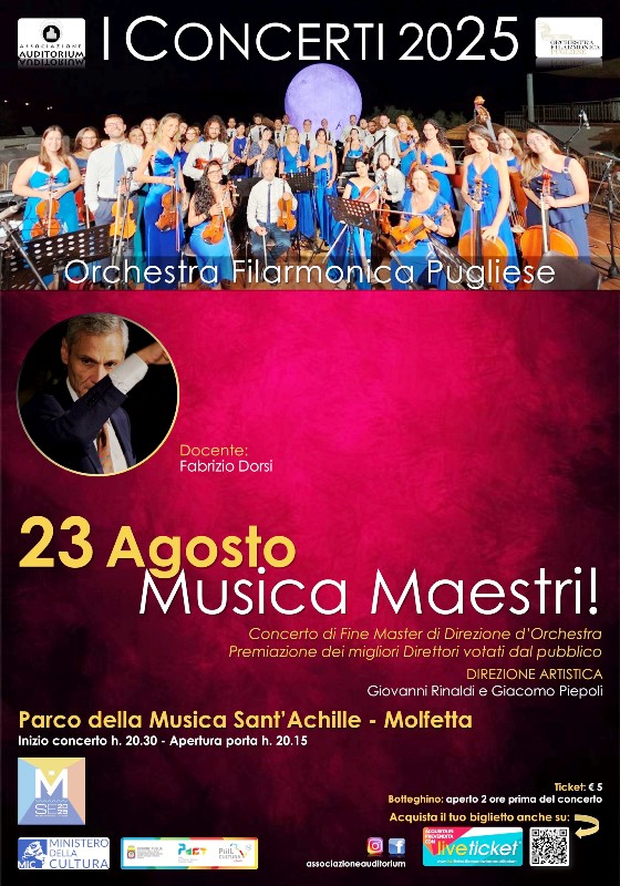 MUSICA MAESTRI!: 8 ASPIRANTI DIRETTORI DORCHESTRA IN GARA SABATO 23 AGOSTO ALLE ORE 20:30 AL PARCO DELLA MUSICA SANTACHILLE A MOLFETTA