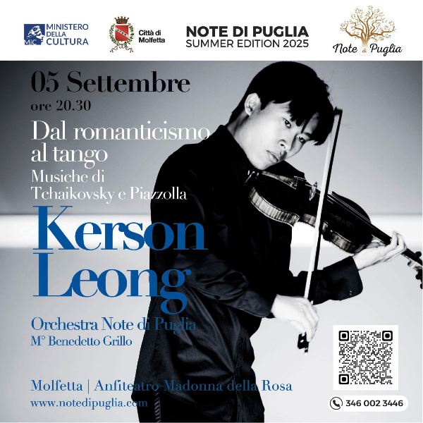 IL VIOLINISTA CANADESE KERSON LEONG SAR A MOLFETTA, VENERD 5 SETTEMBRE, PER PROPORRE IL CONCERTO DAL ROMANTICISMO AL TANGO