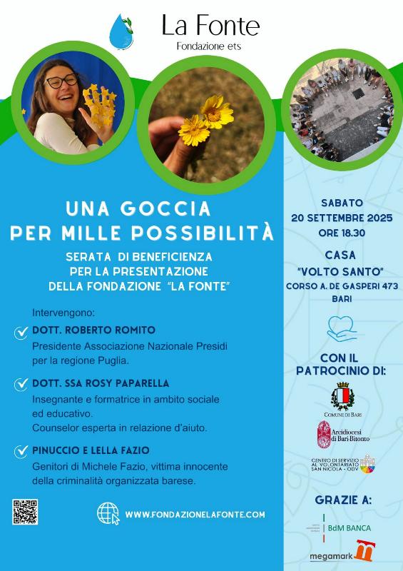 PRESENTAZIONE UFFICIALE, SABATO 20 SETTEMBRE ALLE ORE 18:30, PRESSO LA CASA VOLTO SANTO A BARI, DELLA FONDAZIONE LA FONTE ETS