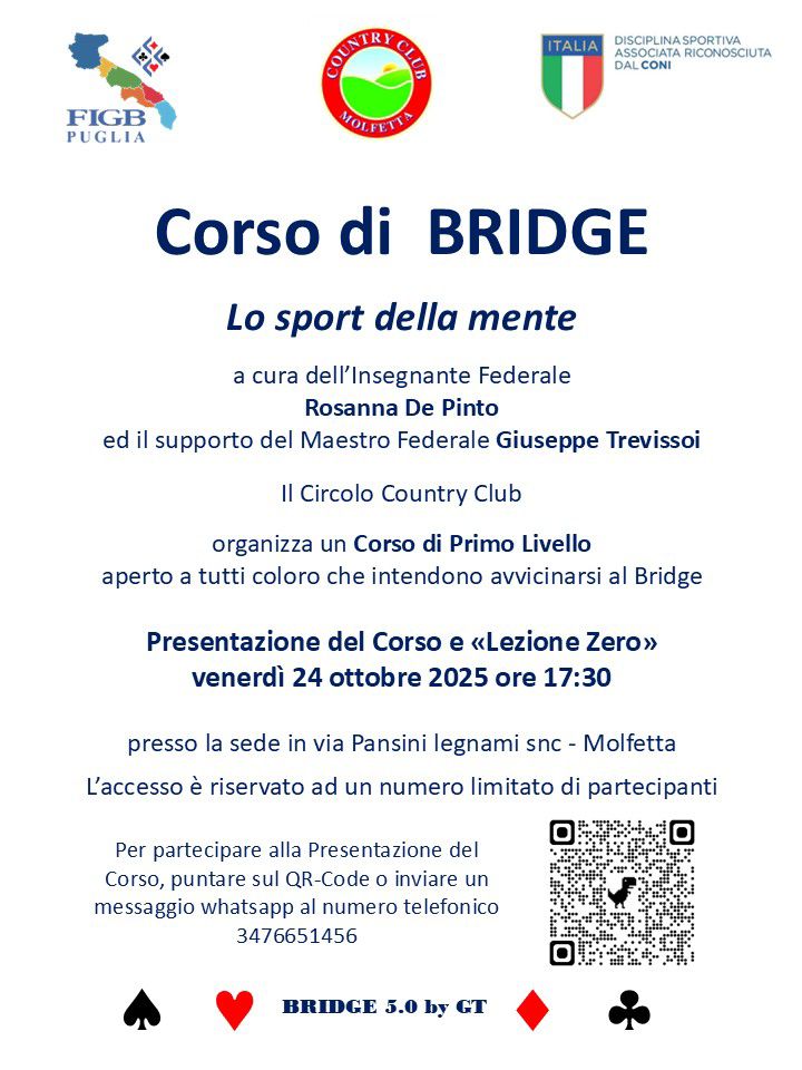 IL CIRCOLO COUNTRY CLUB DI MOLFETTA ORGANIZZA UN NUOVO CORSO DI BRIDGE, LO SPORT DELLA MENTE