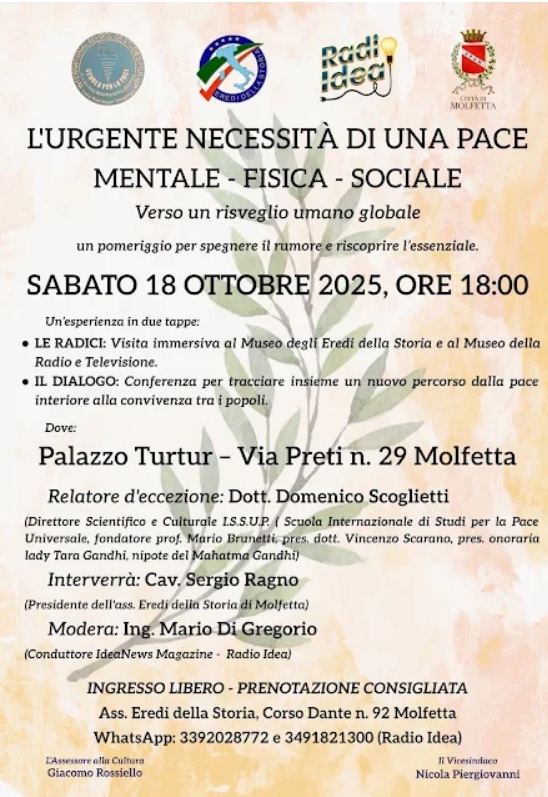 L'URGENTE NECESSITA' DI UNA PACE MENTALE - FISICA  SOCIALE. SE NE PARLERA' NEL CORSO DI UN INCONTRO PUBBLICO SABATO 18 OTTOBRE A PALAZZO TURTUR