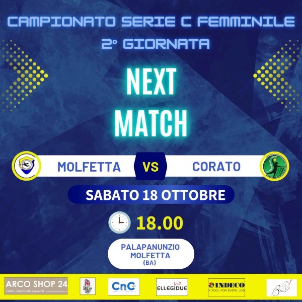 QUESTA SERA AL PALAPANUNZIO LASDAM PEGASO 93 MOLFETTA OSPITA LA POLIS VOLLEY CORATO PER LA SECONDA GIORNATA DEL CAMPIONATO DI SERIE C
