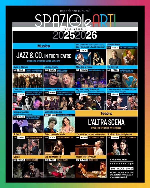 RIPARTONO LE RASSEGNE DI TEATROLALTRA SCENA, DI MUSICA JAZZ & CO. IN THE THEATRE, ORGANIZZATE DA SPAZIOLEARTI/TEATRERMITAGE