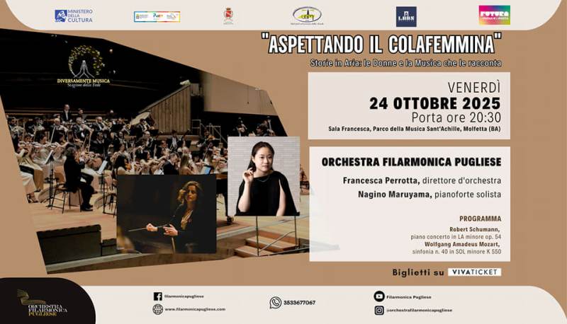 L'ORCHESTRA FILARMONICA PUGLIESE IN CONCERTO VENERD 24 OTTOBRE PRESSO LA SALA FRANCESCA DEL PARCO DELLA MUSICA SANT'ACHILLE DI MOLFETTA