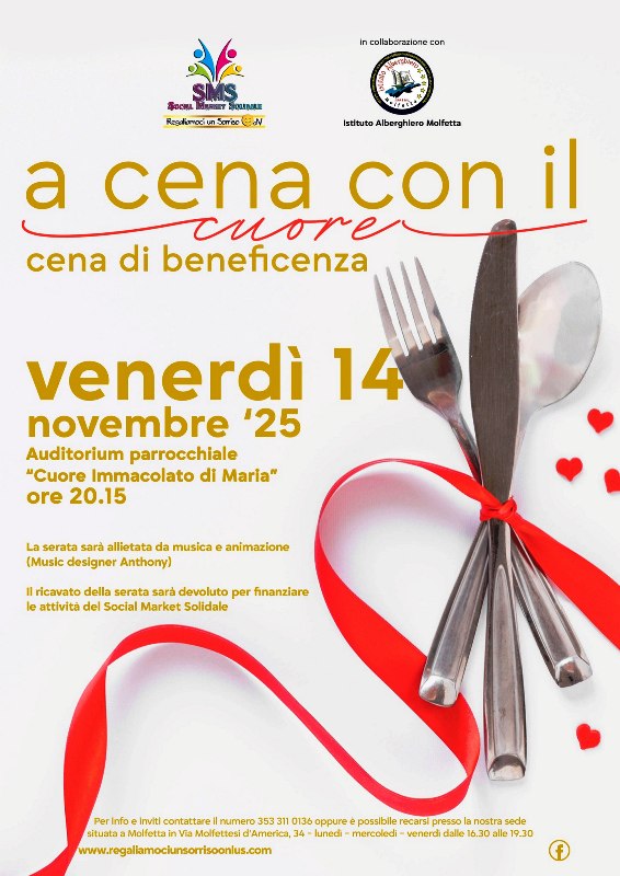 A CENA CON IL CUORE, UNA SERATA DI MUSICA E BUON CIBO, PER UNINIZIATIVA BENEFICA ORGANIZZATA DALLASSOCIAZIONE REGALIAMOCI UN SORRISO ODV