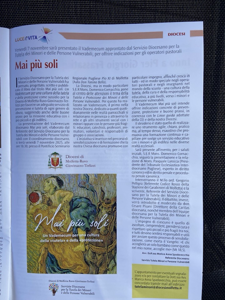 SULLULTIMO NUMERO DI LUCE E VITA SI PARLA DEL SERVIZIO DIOCESANO PER LA TUTELA DEI MINORI E DELLE PERSONE VULNERABILI E DEL VADEMECUM MAI PI SOLI
