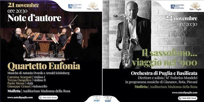 VENERDI' 21 E DOMENICA 23 NOVEMBRE DUE GRANDI APPUNTAMENTI MUSICALI ALLAUDITORIUM DELLA MADONNA DELLA ROSA DI MOLFETTA