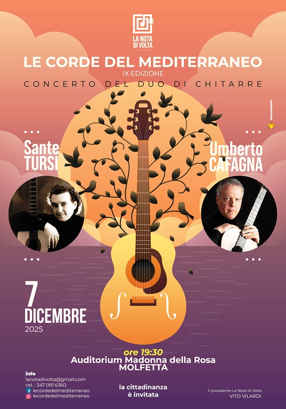 IL DUO CHITARRISTICO, SANTE TURSI E UMBERTO CAFAGNA, SI ESIBIR IN CONCERTO DOMENICA 7 DICEMBRE PRESSO LAUDITORIUM MADONNA DELLA ROSA DI MOLFETTA