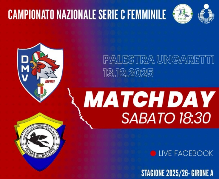TRASFERTA A BARI PER LASDAM PEGASO 93 MOLFETTA NELLA DECIMA GIORNATA DI ANDATA DEL CAMPIONATO DI PALLAVOLO FEMMINILE DI SERIE C