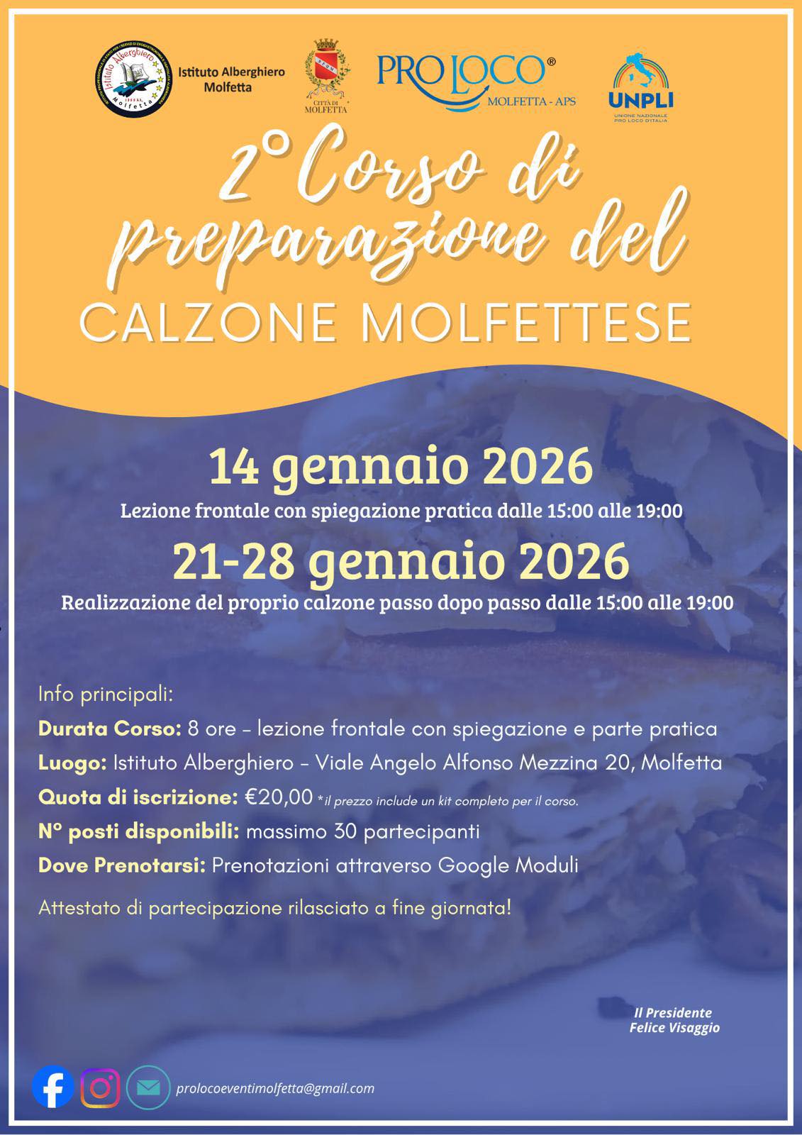 SONO APERTE LE ISCRIZIONI PER PARTECIPARE AL CORSO DI PREPARAZIONE DEL CALZONE MOLFETTESE