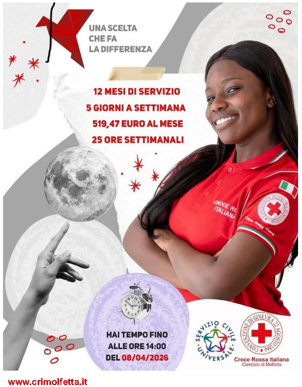 APERTI I BANDI PER SERVIZIO CIVILE UNIVERSALE PRESSO LA CROCE ROSSA DEL COMITATO DI MOLFETTA
