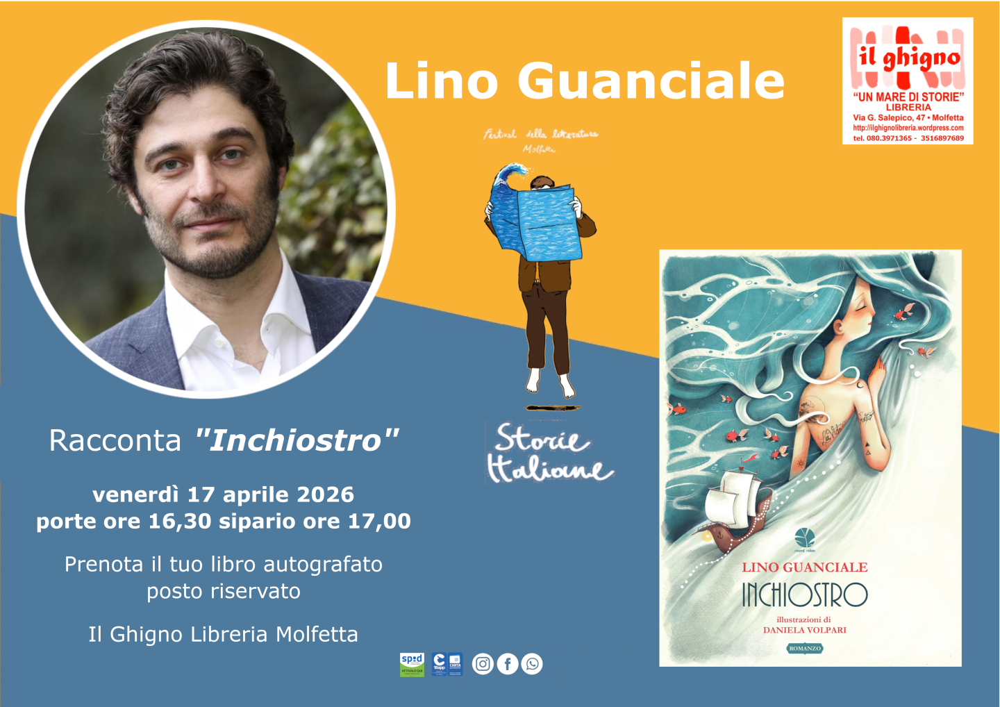 IL NOTO ATTORE ITALIANO LINO GUANCIALE SAR� A MOLFETTA, VENERD� 17 APRILE, PER PRESENTARE IL SUO LIBRO �INCHIOSTRO� PER STORIE ITALIANE FESTIVAL � SPRING EDITION DE IL GHIGNO LIBRERIA