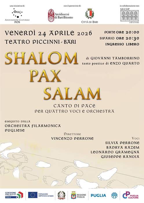 SAR� PRESENTATO MERCOLED� 22 APRILE A PALAZZO DELLA CITT� DI BARI L�EVENTO CULTURALE PER LA PACE �SHALOM PAX SHALOM�