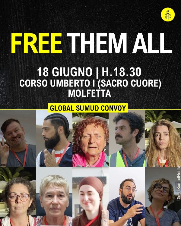AMNESTY INTERNATIONAL ITALIA CHIEDE LA SCARCERAZIONE DI DIECI ATTIVISTI DEL CONVOGLIO GLOBAL SUMUD BLOCCATI IN LIBIA