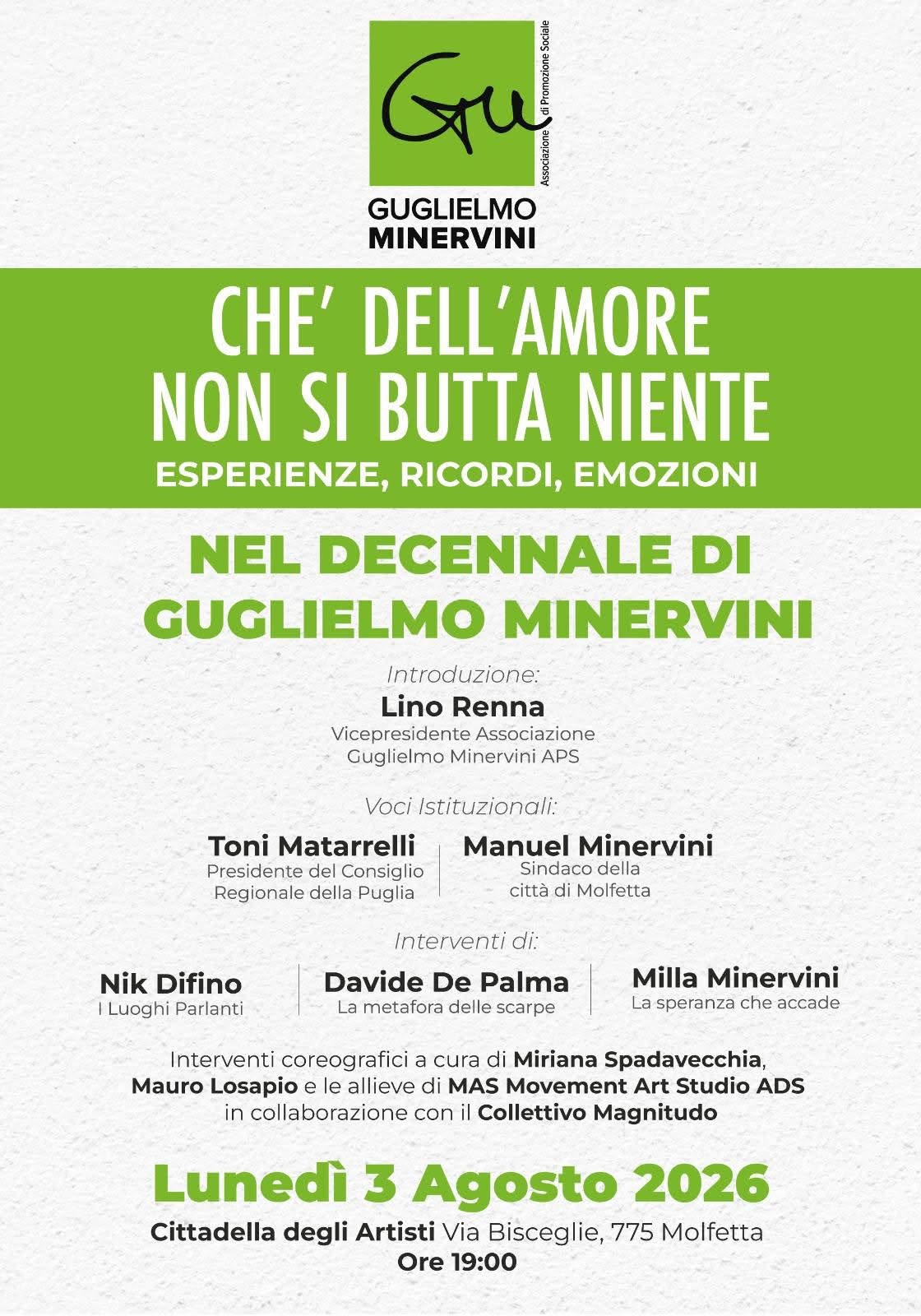 �CHE DELL�AMORE NON SI BUTTA NIENTE�: A MOLFETTA IL DECENNALE DI GUGLIELMO MINERVINI