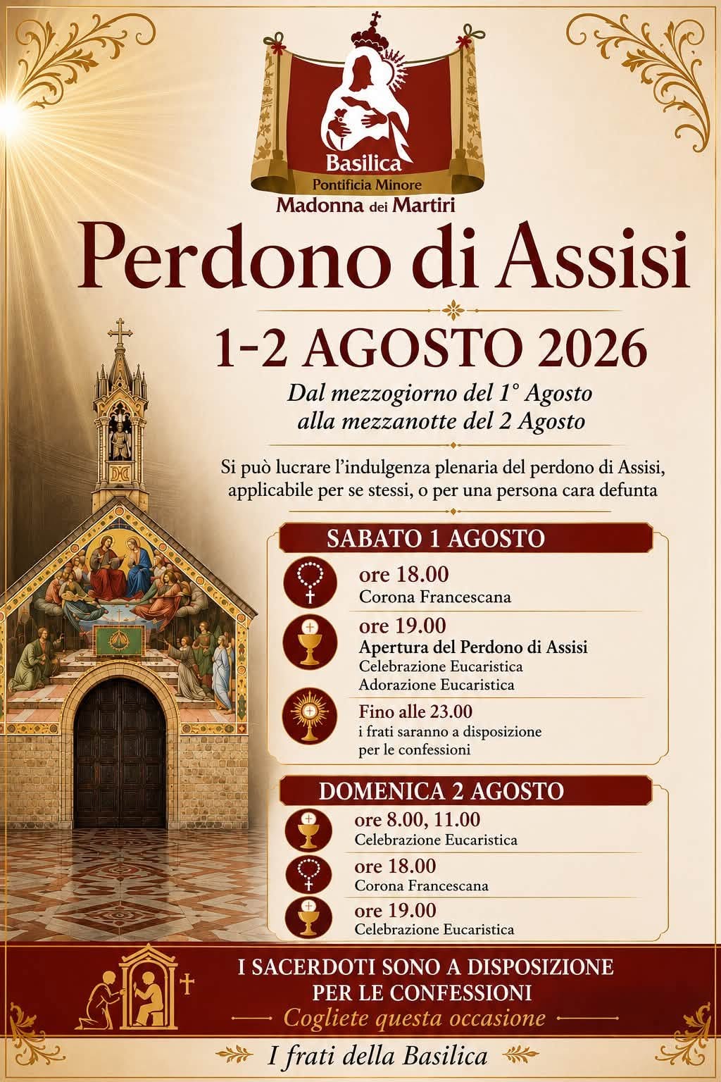 ALLA BASILICA MADONNA DEI MARTIRI IL PERDONO DI ASSISI: DUE GIORNI DI FEDE, PREGHIERA E CONFESSIONI