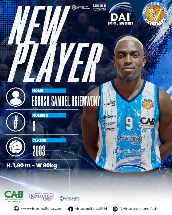 COLPO DI MERCATO DELLA DAI OPTICAL VIRTUS BASKET MOLFETTA: ARRIVA EGHOSA SAMUEL OGIEMWONYI