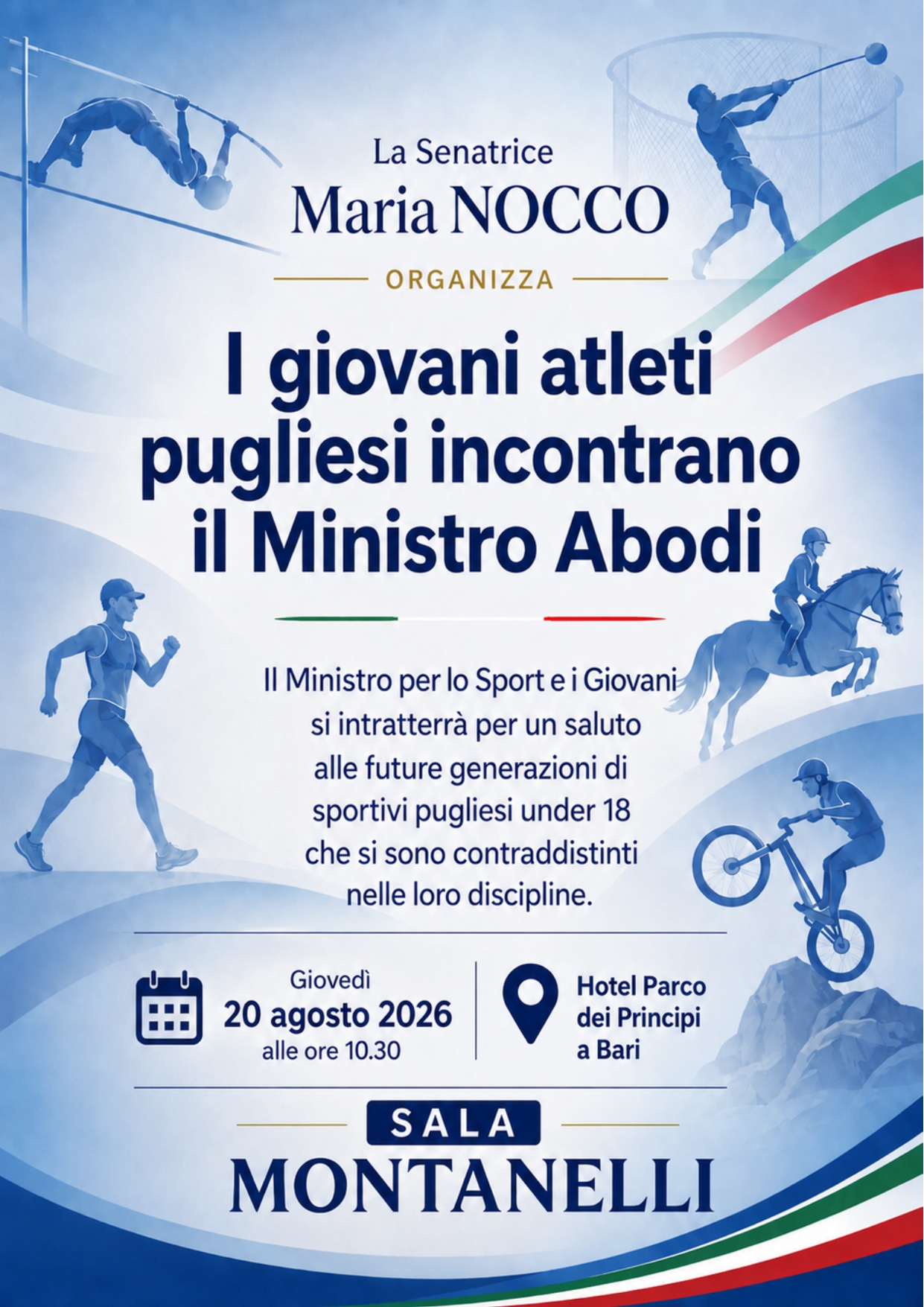ANDREA ABODI, MINISTRO PER LO SPORT E I GIOVANI, INCONTRA A BARI I GIOVANI TALENTI DELLO SPORT PUGLIESE