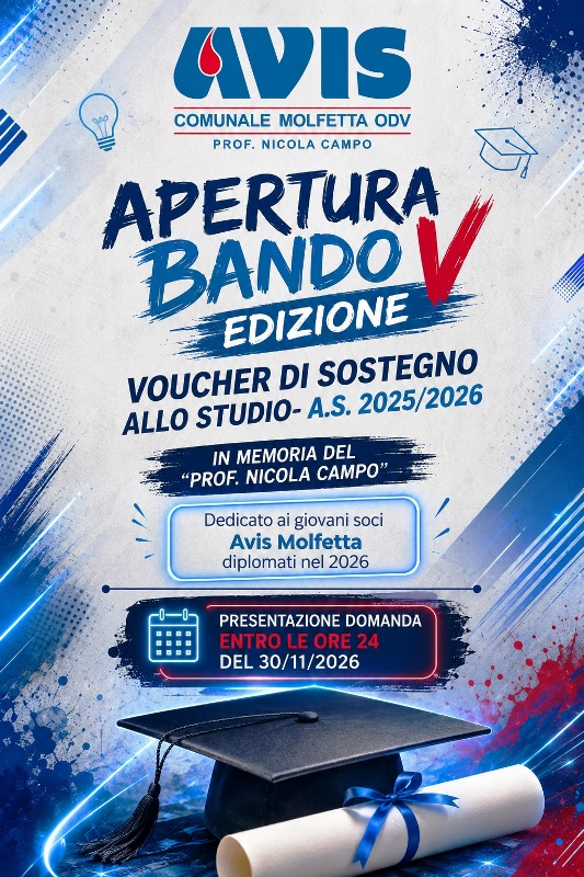 AVIS MOLFETTA, APERTO IL BANDO PER IL VOUCHER DI SOSTEGNO ALLO STUDIO �PROF. NICOLA CAMPO�
