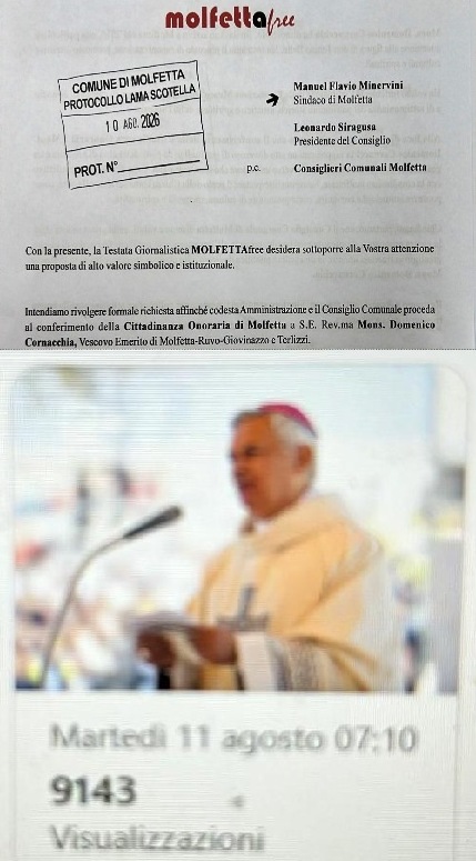 CITTADINANZA ONORARIA A MONS CORNACCHIA. I NOSTRI LETTORI CI SOSTENGONO. E IL COMUNE?