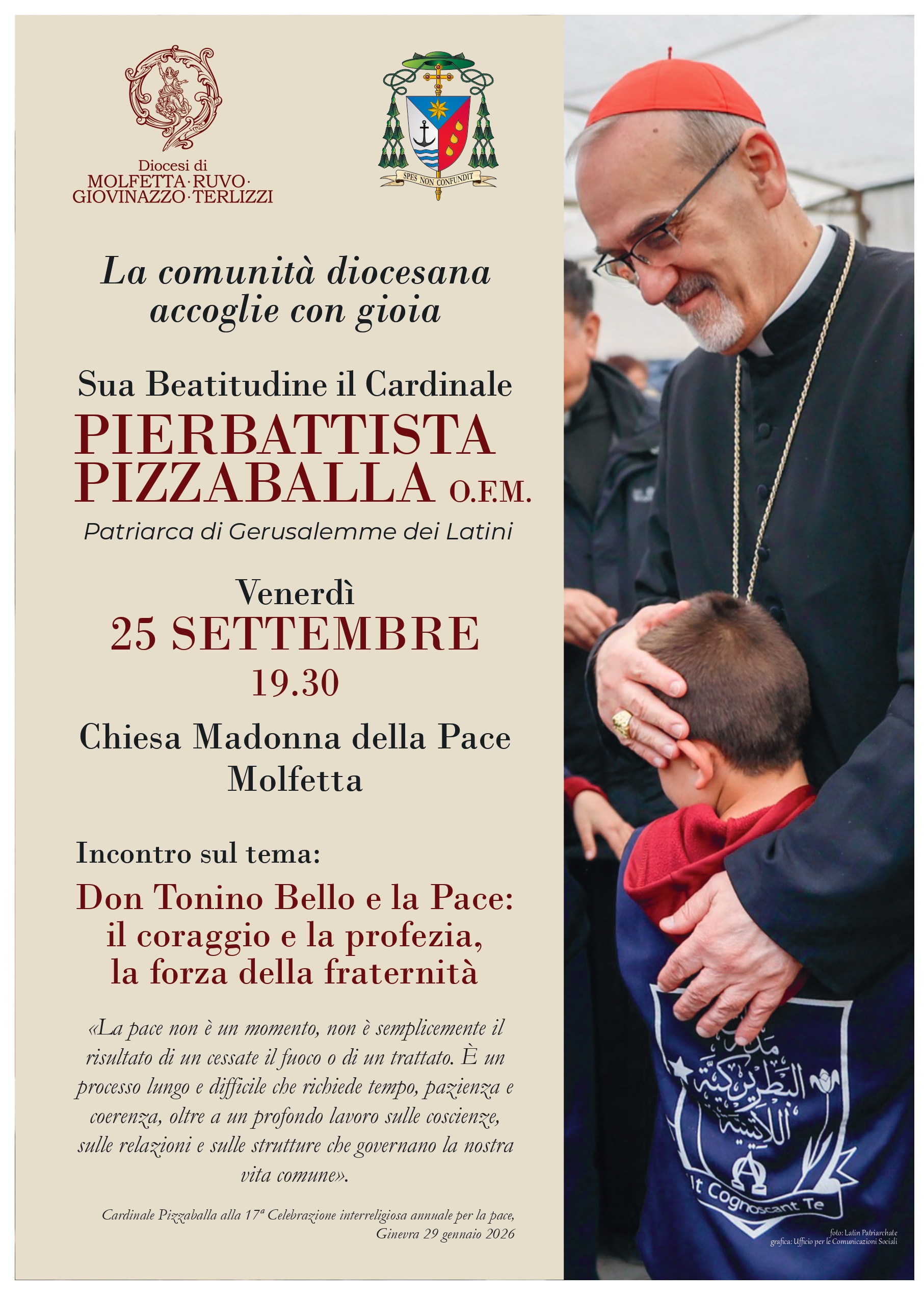 IL CARDINALE PIZZABALLA A MOLFETTA, UN DIALOGO SULLA PACE NEL NOME DI DON TONINO BELLO