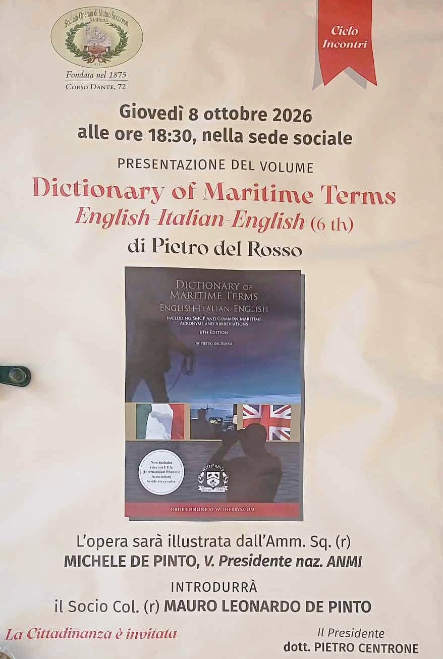 �DICTIONARY OF MARITIME TERMS�, A MOLFETTA LA PRESENTAZIONE DELLA SESTA EDIZIONE
