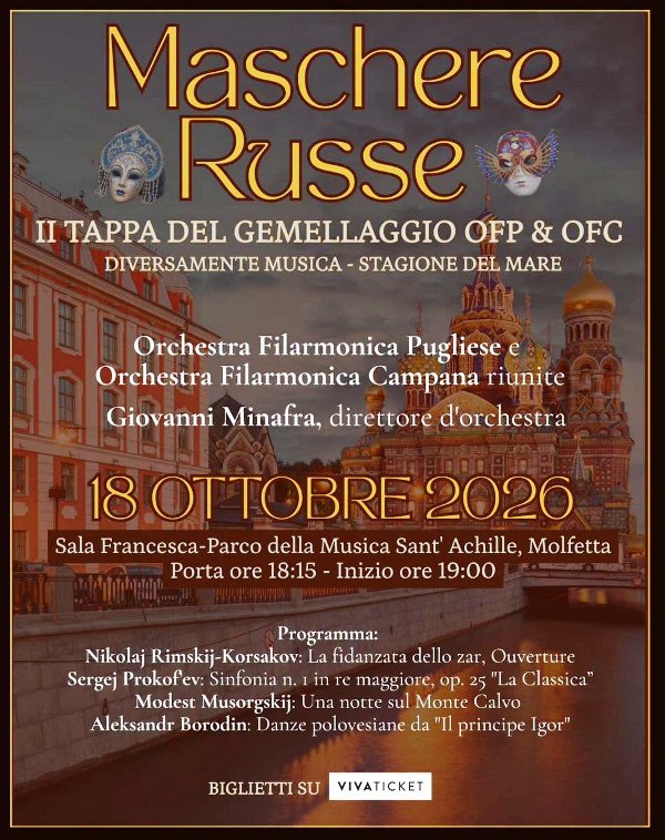 �MASCHERE RUSSE�, A MOLFETTA IL CONCERTO CHE UNISCE LE FILARMONICHE PUGLIESE E CAMPANA