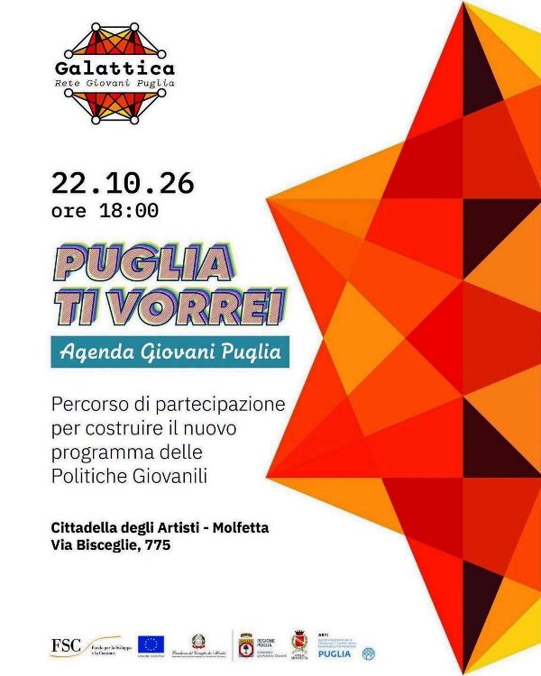 �PUGLIA TI VORREI� APPRODA A MOLFETTA: GIOVED� 22 OTTOBRE I GIOVANI AL CENTRO DELLA AGENDA REGIONALE 2026-2029