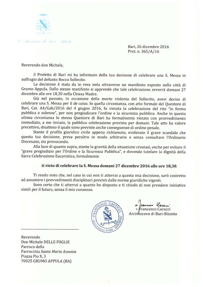 LA LETTERA DELLARCIVESCOVO DI BARI-BITONTO INVIATA AL SACERDOTE MICHELE DELLE FOGLIE CHE VIETA DI CELEBRARE LA S. MESSA IN SUFFRAGIO DEL BOSS 