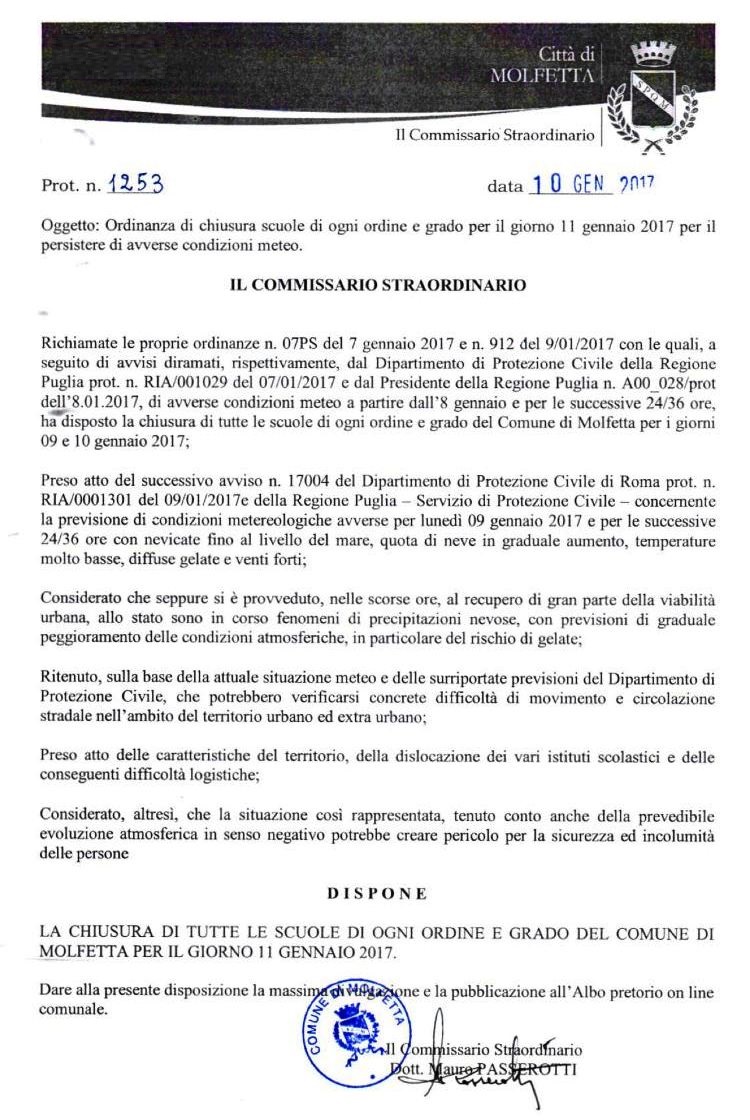 NUOVA ORDINANZA DI CHIUSURA DI TUTTE LE SCUOLE DI OGNI ORDINE E GRADO A MOLFETTA PER MERCOLED 11 GENNAIO