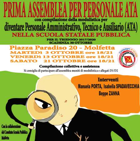 INIZIATIVE DI RIFONDAZIONE COMUNISTA DI MOLFETTA PER GUIDARE GLI INTERESSATI AD ISCRIVERSI ALLE GRADUATORIE DI TERZA FASCIA DISTITUTO PER IL PERSONALE ATA