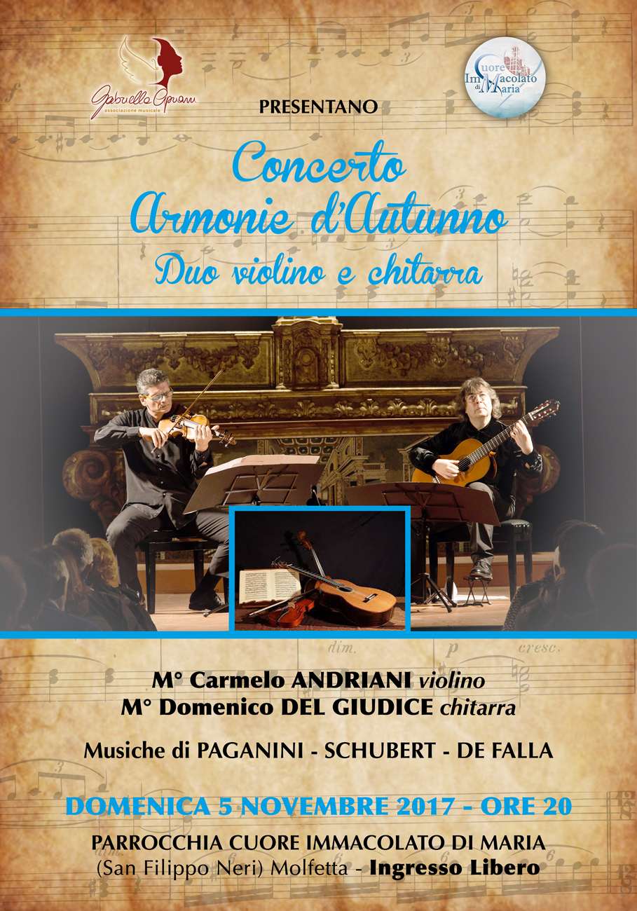 ARMONIE DAUTUNNO: CONCERTO PER VIOLINO E CHITARRA DOMENICA 5 NOVEMBRE A MOLFETTA CON IL DUO CARMELO ANDRIANI E DOMENICO DEL GIUDICE