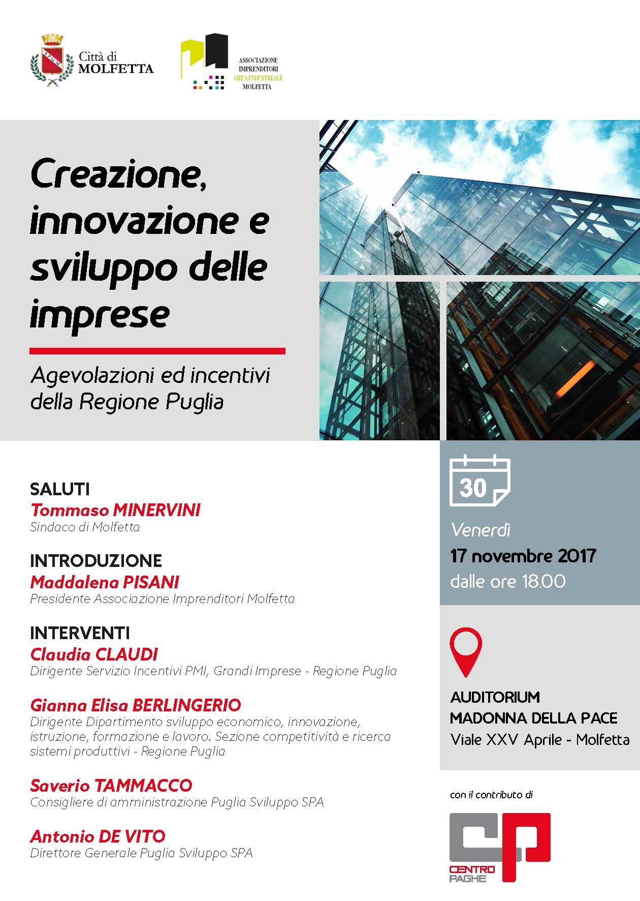 LASSOCIAZIONE IMPRENDITORI DI MOLFETTA PROMUOVE UN INCONTRO PER CONOSCERE LE AGEVOLAZIONI E GLI INCENTIVI PROMOSSI DALLA REGIONE PUGLIA
