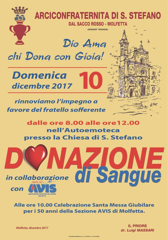 UNA DONAZIONE DI SANGUE  STATA ORGANIZZATA PER DOMENICA 10 DICEMBRE DALLARCICONFRATERNITA DI SANTO STEFANO