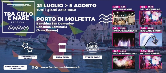DAL 31 LUGLIO AL 5 AGOSTO A MOLFETTA IL FESTIVAL TRA CIELO E MARE