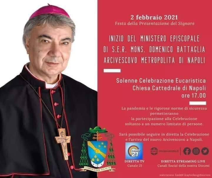 SI  INSEDIATO LO SCORSO 2 FEBBRAIO IL NUOVO ARCIVESCOVO DI NAPOLI MONS. DOMENICO BATTAGLIA CHE INDOSSAVA LA CROCE DI DON TONINO BELLO