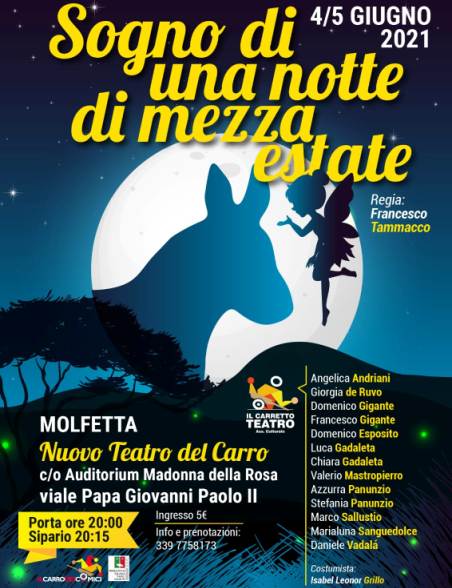 RIPARTONO GLI SPETTACOLI TEATRALI A MOLFETTA. IL NUOVO TEATRO DEL CARRO PROPONE LO SPETTACOLO SOGNO DI UNA NOTTE DI MEZZA ESTATE