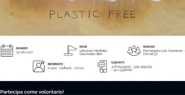 DOMENICA 13 GIUGNO SULLA LITORANEA MOLFETTA-GIOVINAZZO SI TERR IL PRIMO EVENTO REGIONALE PLASTICFREE
