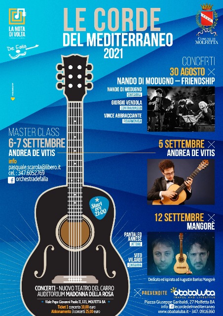 IL CHITARRISTA NANDO DI MODUGNO, LA FISARMONICA DI VINCE ABBRACCIANTE E IL CONTRABBASSO DI GIORGIO VENDOLA APRONO IL FESTIVAL MUSICALE DI CHITARRA LE CORDE DEL MEDITERRANEO