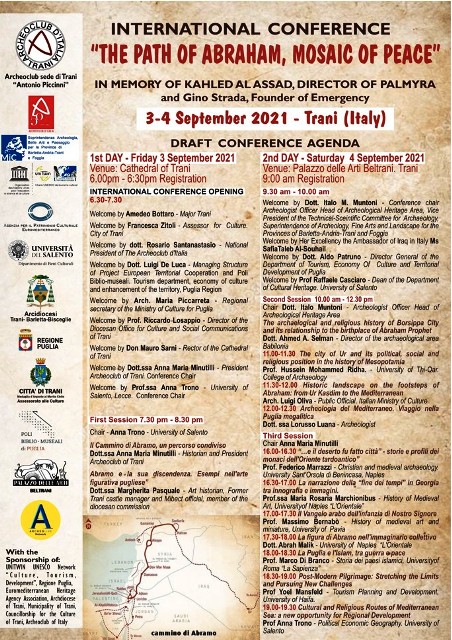 A TRANI IL 3 E 4 SETTEMBRE SI TERR IL CONVEGNO INTERNAZIONALE IL CAMMINO DI ABRAMO, MOSAICO DI PACE