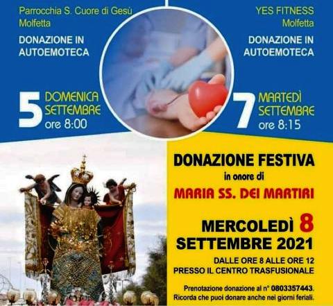 LAVIS, SEZIONE DI MOLFETTA, INVITA LA CITTADINANZA ALLA DONAZIONE FESTIVA IN ONONE DI MARIA SS. DEI MARTIRI