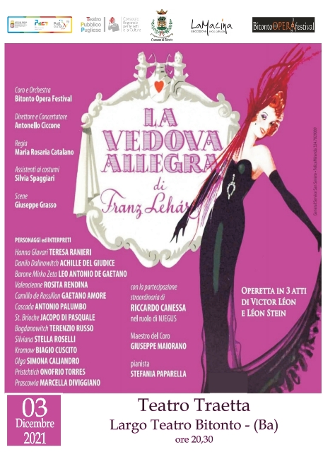 TORNA IL BITONTO OPERA FESTIVAL AL TEATRO TRAETTA. VENERD 3 DICEMBRE IN SCENA LA VEDOVA ALLEGRA