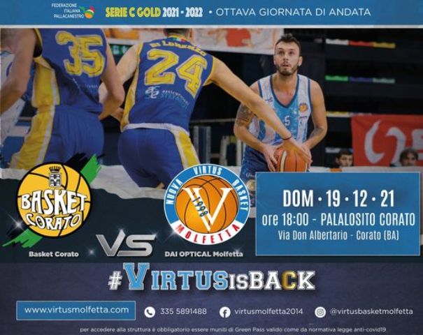 BIG MATCH, DOMENICA 19 DICEMBRE, PER LA DAI OPTICAL VIRTUS MOLFETTA. NELLA TRASFERTA DI CORATO IN PALIO IL PRIMATO IN CLASSIFICA