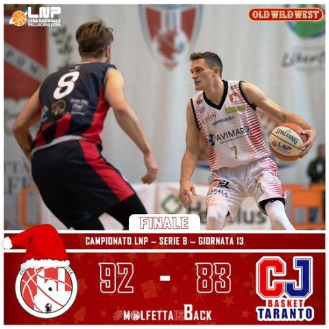PAVIMARO PALLACANESTRO MOLFETTA, OPERAZIONE AGGANCIO RIUSCITA. I BIANCOROSSI BATTONO IL CJ BASKET TARANTO PER 92-83 E LA RAGGIUNGONO IN CLASSIFICA