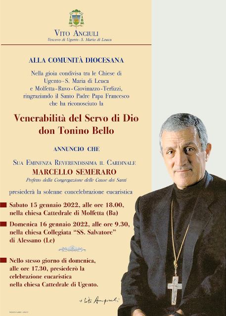 SAR IL CARDINALE MARCELLO SEMERARO, PREFETTO DELLA CONGREGAZIONE DELLE CAUSE DEI SANTI, A DICHIARARE UFFICIALMENTE LA VENERABILIT DI DON TONINO BELLO