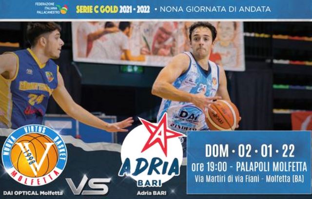 LA DAI OPTICAL VIRTUS MOLFETTA GIOCHER DOMENICA 2 GENNAIO IL RECUPERO DELLA NONA GIORNATA DEL CAMPIONATO DI SERIE C GOLD