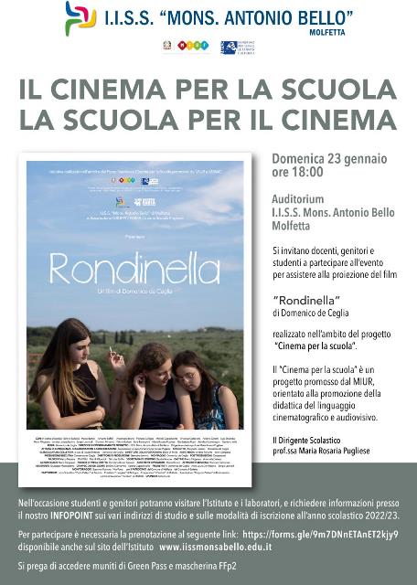 IL PLURIPREMIATO FILM RONDINELLA SAR PROIETTATO DOMENICA 23 GENNAIO ALLE ORE 18:00 ALLIISS MONS. ANTONIO BELLO DI MOLFETTA