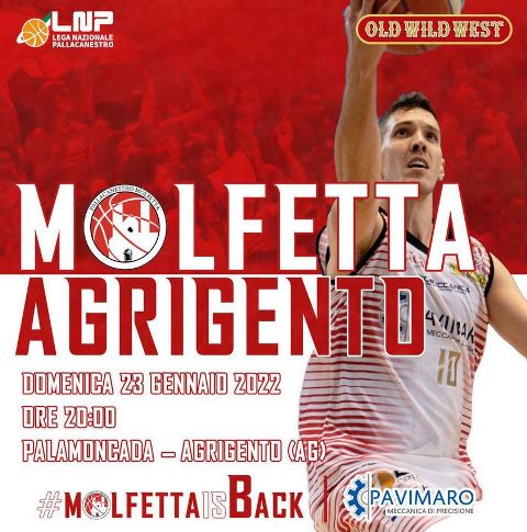 NELLA PRIMA GIORNATA DI RITORNO, TRASFERTA PROIBITIVA DELLA PAVIMARO PALLACANESTRO MOLFETTA IMPEGNATA SUL CAMPO DELLA CAPOLISTA MONCADA ENERGY AGRIGENTO