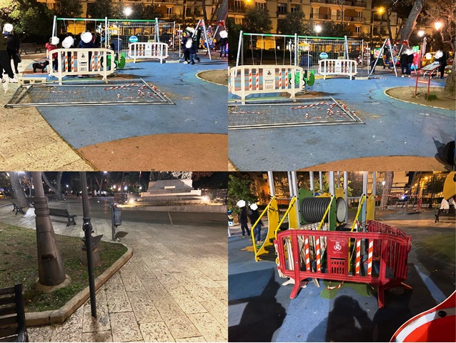 AREA GIOCHI PER I BAMBINI NELLA VILLA COMUNALE TRA TRANSENNE E PEZZI DI FERRO SPARSI PER TERRA
