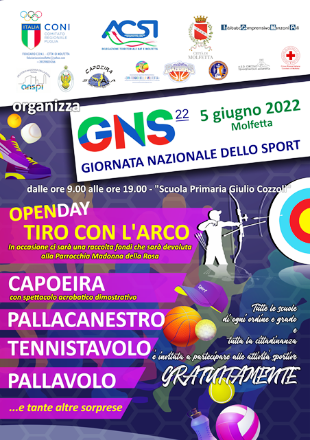 DOMENICA 5 GIUGNO SI CELEBRA A MOLFETTA LA GIORNATA NAZIONALE DELLO SPORT, UNA FESTA DI SPORT PER TUTTI